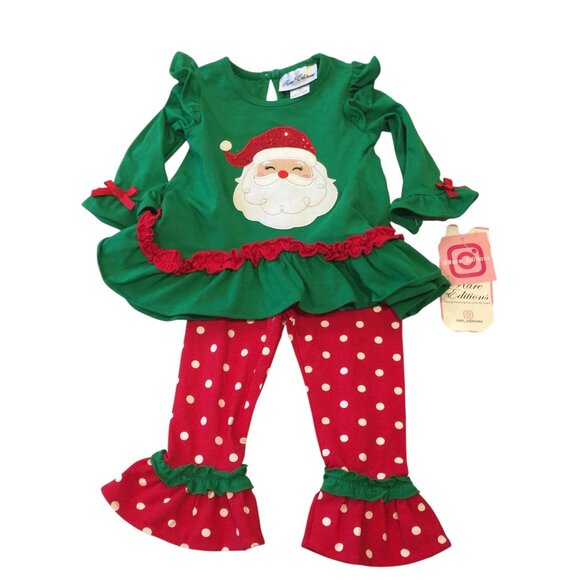 RARE EDITIONS 2 Piece Santa Set Size 12 Months Red Green Ruffles - Picture 1 of 6